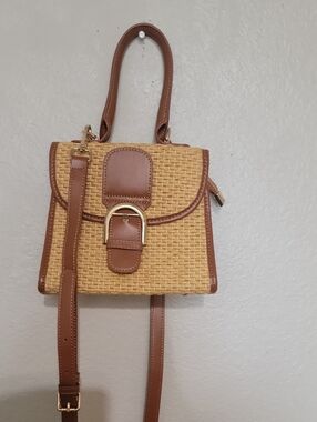 Woven Straw Satchel with Brown Trim - Women's Bag